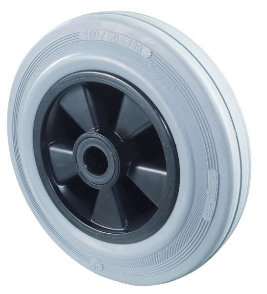 BS Rollen Gummirad, Rad-Breite 30 mm, Rad-Ø 100 mm, Tragfähigkeit 70 kg, Lauffläche Gummi grau, Radkörper Kunststoff, Rollenlager, VE: 8 Stück, B46.100