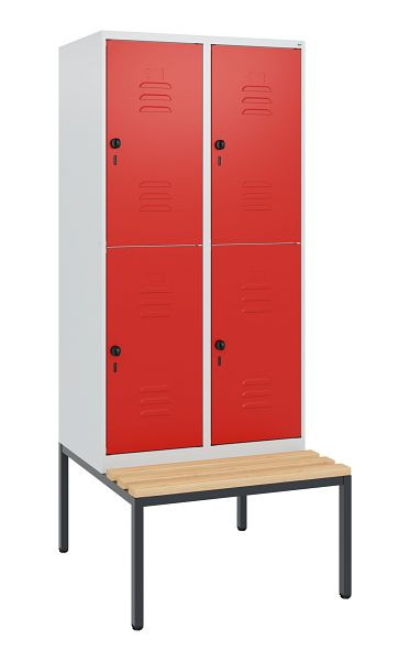 C+P Doppelstöckiger Spind Classic PLUS, 2 Abteile, 1950x800x815mm, 7035/3020, Drehriegel, Buche-Sitzleisten, mit untergebauter Sitzbank, 0803505-22 S10002