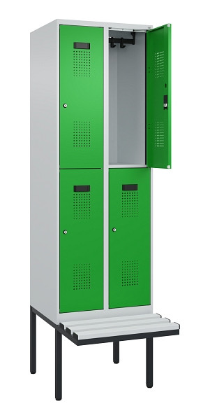 C+P Doppelstock-Spind Evolo PLUS, Bank, 4 Fächer, 2120x600x815mm, 7035/6037, Zylinderschloss, Sitzfläche Kunststoff, 0493407-20 S10119