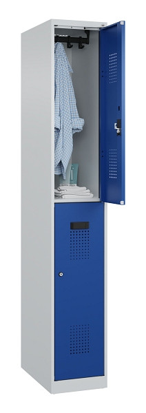 C+P Doppelstöckiger Spind Evolo PLUS, 2 Fächer, 1850x300x500mm, 7035/5010, Zylinderschloss, 049300-10 S10033
