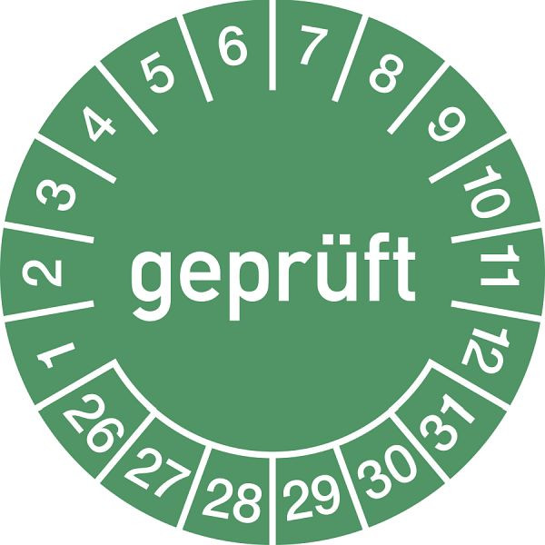 Moedel Prüfplakette geprüft 2026 - 2031, Folie, Ø 15 mm, VE: 10 Stück/Bogen, 106726
