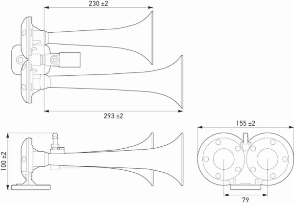 HELLA Fanfare CA32, 24V, 115dB(A), 370Hz-415Hz, Hochton/Tiefton -pneumatisch, ECE, Gehäusefarbe: chrom/schwarz, 3PB 013 410-061