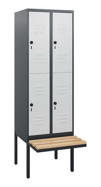 C+P Doppelstöckiger Spind Classic PLUS, 2 Abteile, 1950x600x815mm, 7016/7035, Drehriegel, Sitzleisten aus Buche, schwebende Sitzfläche, 0803405-20 S10013