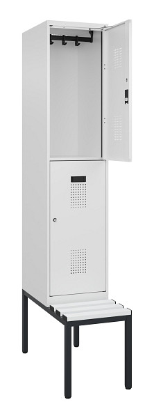C+P Doppelstock-Spind Evolo PLUS, Bank, 2 Fächer, 2120x400x815mm, 9016/9016, Zylinderschloss, Sitzfläche Kunststoff, Sitzbank, 0493507-12 S10134