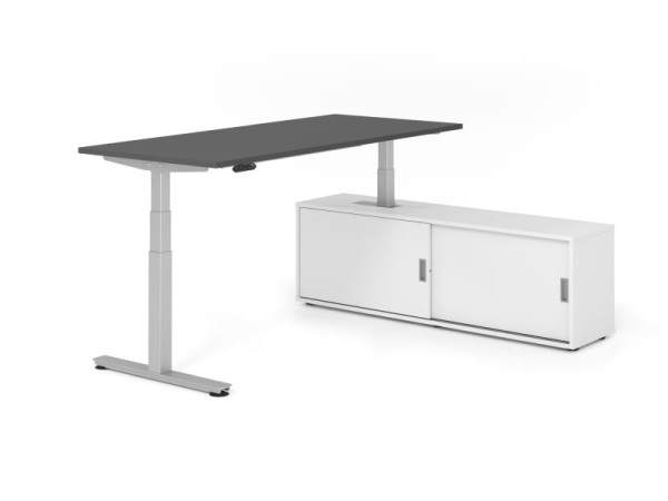 Hammerbacher Schreibtisch XDSM19, 180x80cm, Platte: Graphit, T-Fuß Gestell Silber, Höhe: 63 - 127 cm, Weiß / Weiß, VXDSM19SB/G/S/W/W