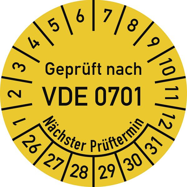 Moedel Prüfplakette VDE 0701 Nächster Prüftermin, 2026-2031, Folie, Ø 30mm, VE: 10 Stück/Bogen, 108564