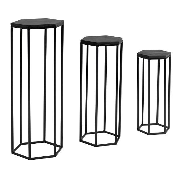 Wohnling Beistelltisch 3er Set Mango Massivholz/Metall Satztisch Sechseckig, Säulentisch Pflanzentisch 3-teilig Schwarz, Blumenständer, WL6.727