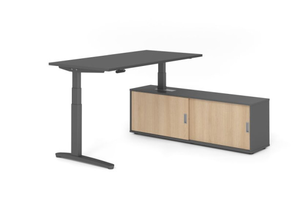 Hammerbacher Schreibtisch XBHM16, 160x80cm, Platte: Graphit, 25mm dick, C-Fuß Gestell Graphit, Höhe: 65 - 129 cm, Graphit / Eiche, VXBHM16SB/G/G/G/E