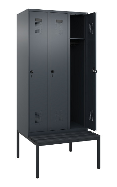 C+P Spind Evolo PLUS, 3 Abteile, 2120x900x815mm, 7016/7016, Haken 3, Drehriegel, Sitzfläche Kunststoff, Sitzbank, 0490507-30 S10070