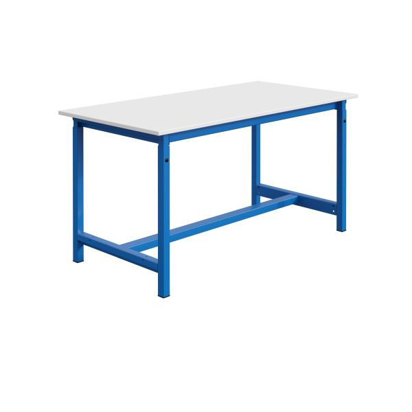 SOFAME PTH Werkbank, mechanisch höhenverstellbar, B 2000 x T 750 x H 778 bis 1058 mm, Melamin-Arbeitsplatte 38 mm, Himmelblau RAL 5015, W010020311BI