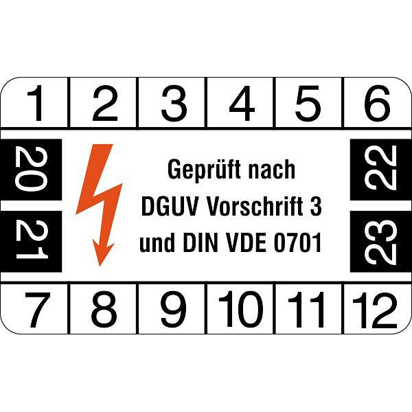 SafetyMarking Prüfplakette, DGUV V 3 und DIN VDE 0701, Prüfzeitraum: 20-23, BxH 4x2,5 cm, Folie, selbstklebend, VE: 12 Stück/Bogen, 30.C2125-20-23