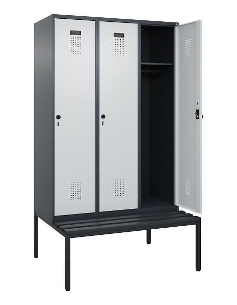 C+P Spind Evolo PLUS, 3 Abteile, 2120x1200x815mm, 7016/7035, Haken 4, Drehriegel, Sitzfläche Kunststoff, Sitzbank, 0490507-32 S10071