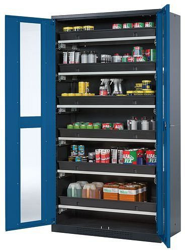 asecos Chemikalienschrank Systema-T CS-106G, Korpus anthrazit, Flügeltüren blau, 6 Tablarauszüge, 209053