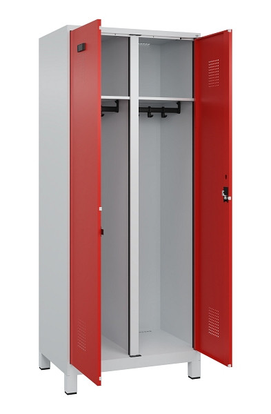 C+P Schwarz-Weiß-Spind Evolo PLUS, mit Füßen, 2 Abteile, 1950x800x500mm, 7035/3, Frontfarbe RAL 3020 Verkehrsrot, Zylinderschloss, 049012-22 S10032