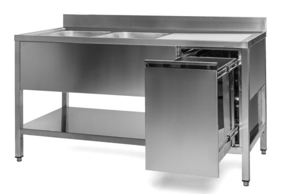A&S Gastro Spültisch mit Abfallbehälter, 2 Becken links, Bautiefe 600 mm, 140x600x850 mm, SPT1462BL-A