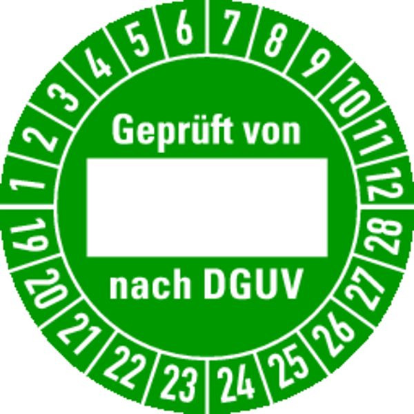 Schilder Klar Prüfplakette geprüft von ... nach DGUV ab 2023 grün/weiß (alte Norm: BGV), 30 mm Folie selbstklebend, VE: 40 Stück, 49/62.23