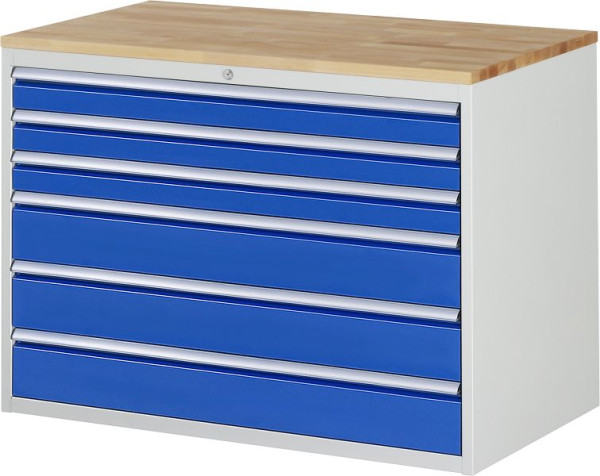 RAU Schubladenschrank Serie 7000, B1145 x T650 x H825mm, Buche-Massiv-Arbeitsplatte, Schubladen: 3xH90, 3xH150 mm, 13-XXL5.9A-B.11