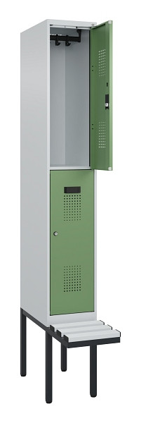 C+P Doppelstock-Spind Evolo PLUS, Bank, 2 Fächer, 2120x300x815mm, 7035/6011, Zylinderschloss, Sitzfläche Kunststoff, 0493407-10 S10118