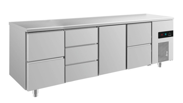 A&S Polarny Kühltisch -2 bis +8°C mit 1x Tür mittig-rechts, 2x zwei Schubladen und 1x drei Schubladen mittig-links, 2330 x 700 x 850 mm, KT4ZDTZ