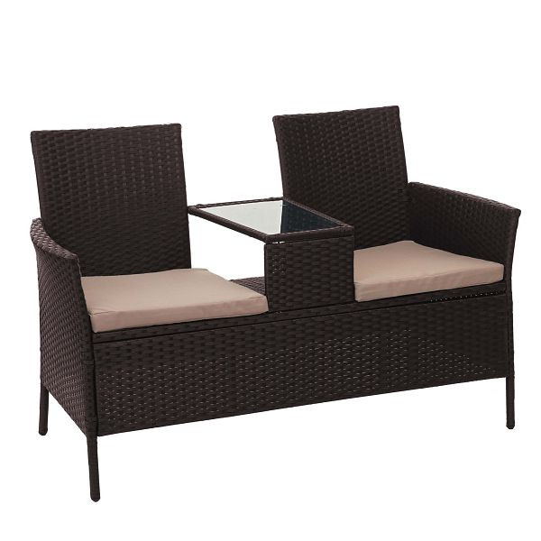 Mendler Poly-Rattan Sitzbank mit Tisch HWC-E24, Gartenbank Sitzgruppe Gartensofa, 132cm, braun, Kissen creme, 65245