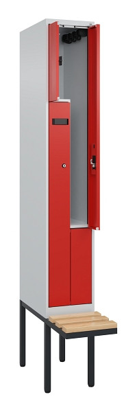 C+P Z-Spind Evolo PLUS, Bank, 2 Fächer, 2120x300x815mm, 7035/3020, Zylinderschloss, Sitzfläche Holz, 0490437-102 S10034