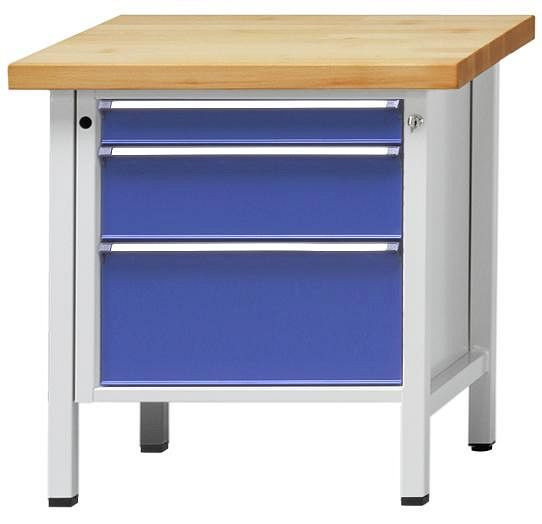 ANKE Werkbänke Kastenwerkbank; 800 x 700 x 850 mm; RAL 7035/5010; Kunststoffschichtplatte 50 mm; 3 Schubladen 90, 180, 270 mm, 300.150