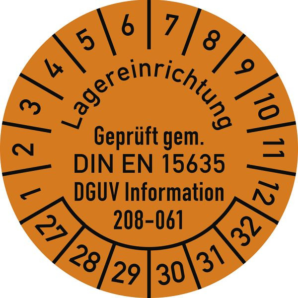 Moedel Prüfplakette DIN EN 15635 DGUV 208-061, 2027-2032, Folie, Ø 30mm, VE: 10 Stück/Bogen, 108321