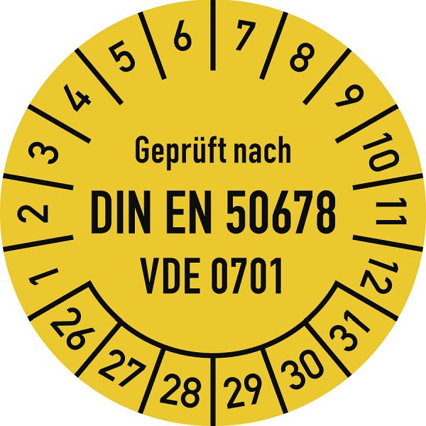 Moedel Prüfplakette DIN EN 50678, VDE 0701, 2026-2031, Folie, Ø 30mm, VE: 10 Stück/Bogen, 108550