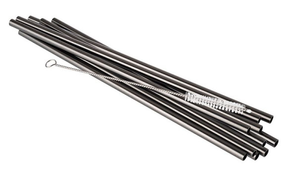 APS Trinkhalme 11er Set, Ø 6 mm, Länge: 21,5 cm, 18/8 Edelstahl, Gunmetal-Look, Inhalt: 10 Trinkhalme, 1 Reinigungsbürste, 93381