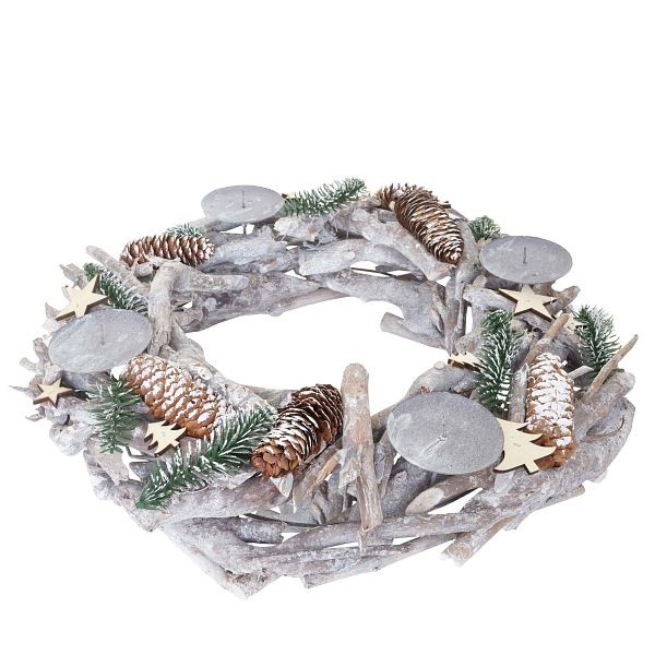 Mendler Adventskranz XXL rund, Weihnachtsdeko Tischkranz, Holz Ø 48cm weiß-grau, ohne Kerzen, 56577