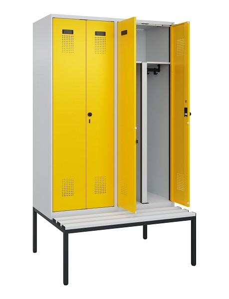 C+P PSA Doppel-Spind Evolo PLUS, Bank, 4 Abteile, 2120x1200x815mm, 7035/1023, Drehriegel, Sitzfläche Kunststoff, Sitzbank, 0490527-40P S10055