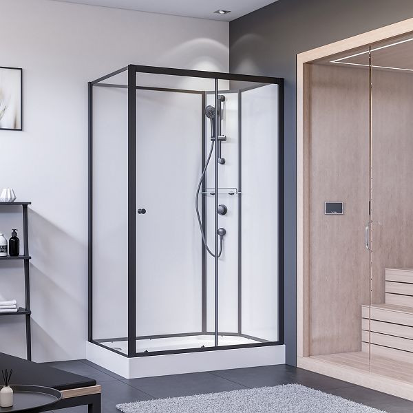 Breuer BR 100 Schiebetür + Seitenwand Klarglas hell Rückwände weiß Anschlag rechts 900/1200 mm, schwarz matt, VE: 4 Stück, 9449031001023