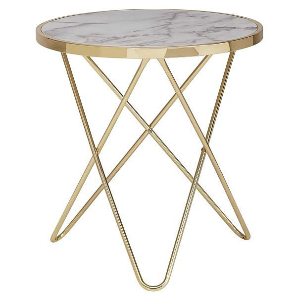 Wohnling Design Beistelltisch Marmor Optik Weiß Rund Ø55 cm Gold Metallgestell, WL5.996