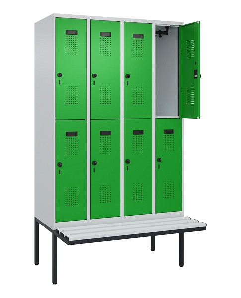 C+P Doppelstock-Spind Evolo PLUS, Bank, 8 Fächer, 2120x1200x815mm, 7035/6037, Drehriegel, Sitzfläche Kunststoff, 0493407-40 S10092