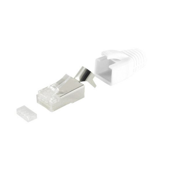 S-Conn Netzwerk Modular Stecker RJ45 SET für Verlegekabel bis AWG 23, Stecker mit Zugentlastung, Einführhilfe und Tülle, weiß VE: 50 Stück, 72067-50W