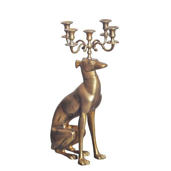 Wohnling Kerzenhalter Windhund Aluminium Gold 69cm 5-armiger Kerzenleuchter, Kerzenständer Metall für fünf Kerzen, Bodenkerzenhalter, WL7.191