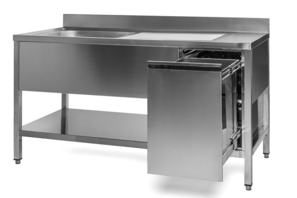 A&S Gastro Spültisch mit Abfallbehälter, 1 Becken links, Bautiefe 700 mm, 160x700x850 mm, SPT1671BL-A
