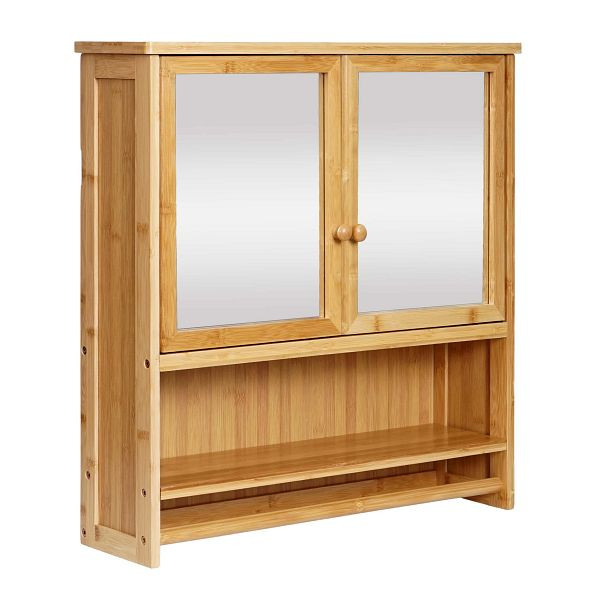 Mendler Spiegelschrank HWC-B18, Badspiegelschrank Hängeschrank, 3 Regalböden 2 Türen Spiegel Bambus 62x66x15cm, 84838