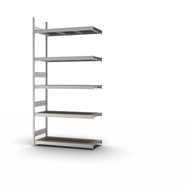 hofe Großfach-Anbauregal, 3000x500x1500 mm, 5 Fachebenen, Spanplatte verzinkt, 350 kg Fachlast, 2000 kg Feldlast, zweiseitige Bedienung, GZA30515S