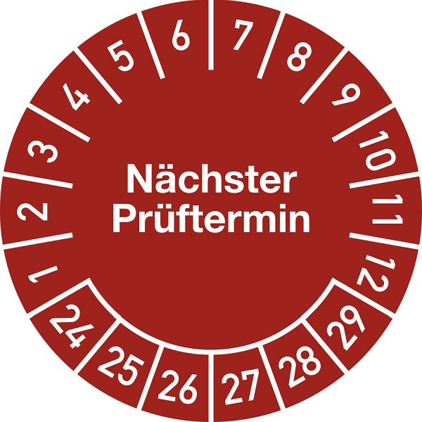 Moedel Prüfplakette Nächster Prüftermin 2024 - 2029, Folie, Ø 20 mm, VE: 10 Stück/Bogen, 104940