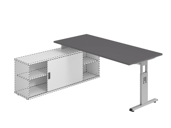 Hammerbacher Anbauschreibtisch T-Fuß 180x80cm Graphit/Silber, Arbeitshöhe einstellbar auf 72 cm, 75 cm, 78 cm, VOSE19/G/S
