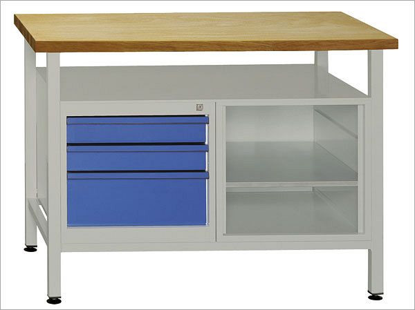 ADB Werkbank 1 Regalteil + 3 Schubladen und Ablage, Maße: 1200x600x840mm (BxTxH), Farbe Werktisch: grau, RAL 7035, Farbe Tür: Lichtblau, RAL 5012, 41926