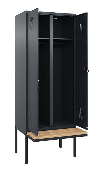 C+P Schwarz-Weiß-Spind Evolo PLUS, Bank, 2 Abteile, 2120x800x815mm, 7016/7016, Drehriegel, Sitzfläche Holz, 0490427-22 S10016