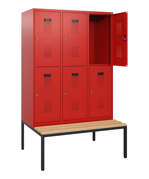 C+P Doppelstöckiger Spind Evolo PLUS, Bank, 6 Fächer, 1950x1200x815mm, 3020/3020, Zylinderschloss, Sitzfläche Buche-Hartholz, Sitzbank, 0493505-32 S10075