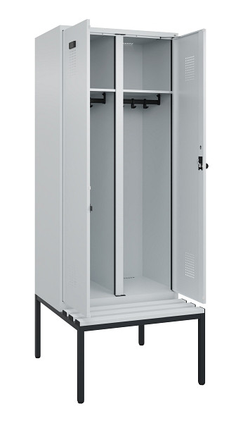 C+P Schwarz-Weiß-Spind Evolo PLUS, Bank, 2 Abteile, 2120x800x815mm, 7035/7035, Drehriegel, Sitzfläche Kunststoff, Sitzbank, 0490527-22 S10067