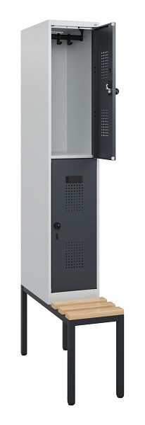 C+P Doppelstöckiger Spind Evolo PLUS, Bank, 2 Fächer, 1950x300x815mm, 7035/7016, Drehriegel, Sitzfläche Buche-Hartholz, Sitzbank, 0493505-10 S10012