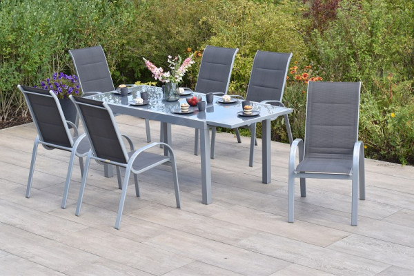 Merxx Amalfi di Lusso Set 7-teilig, anthrazit, 6 Amalfi di Lusso Stapelsessel, 1 Ausziehtisch 160 (220) x 90 cm, Silber/anthrazit, 50876-307