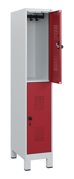 C+P Doppelstöckiger Spind Evolo PLUS, Füße, 2 Fächer, 1630x300x500mm, 7035/3003, Drehriegel, 0493105-10 S10004