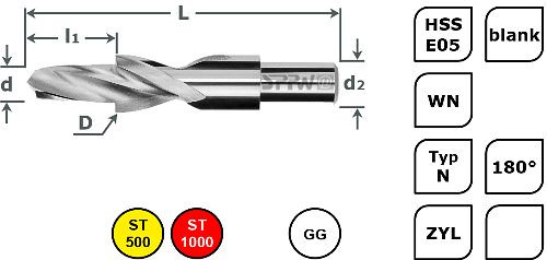 SPPW Kurzstufenbohrer HSS-E05 180° L: 45x6 Ø2,4x4,3 - M2, 1234100200