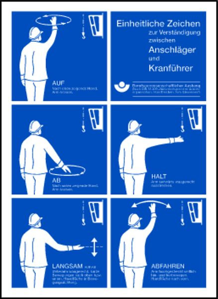 Schilder Klar Aushang Einheitliche Zeichen zur Verständigung zwischen Anschläger und Kranführer, 295x405x0.6 mm Aluminium 2 mm, 727/00